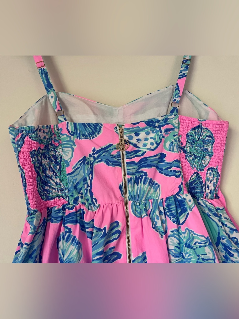 LILLY PULITZER Ardleigh Sun Dress Pink Blue Seashell Print Sz 16 Smocked Pockets - Picture 5 of 11